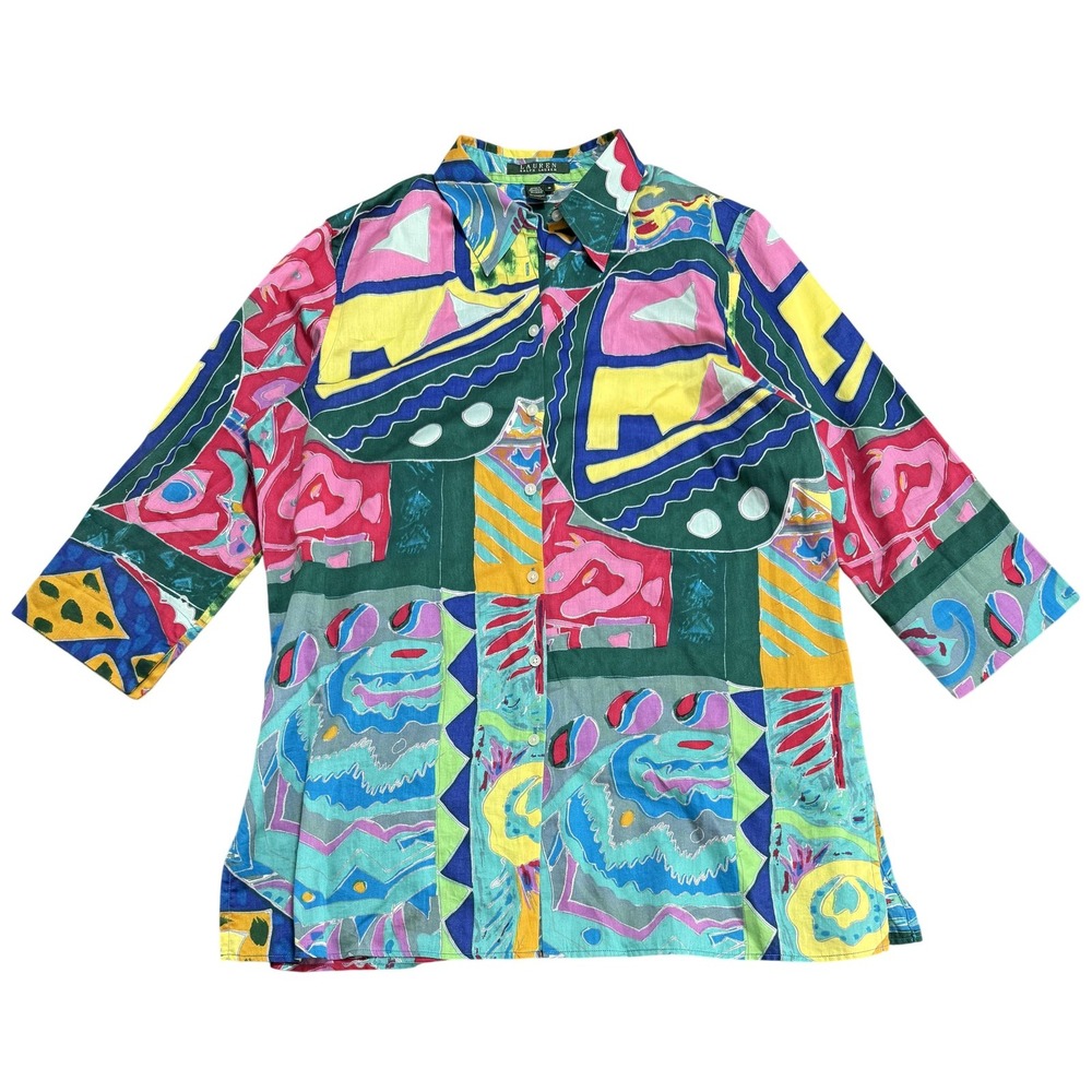 Vintage‎ Lauren Ralph Lauren Shirt Womens Medium Multicolor Geometric Tunic 90s